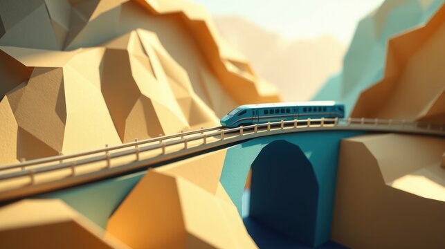 Low poly train travels over bridge. Mountains surround track. Warm colors dominate scene, creating stylized landscape.