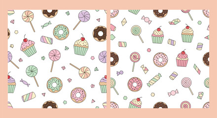 Fototapeta premium Sweets including cupcakes, donuts, and lollipops form a repeating pattern on white backgrounds.