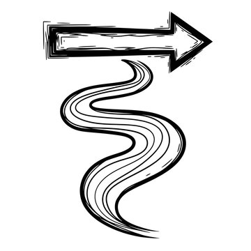 Hand-drawn sketchy black ink arrow pointing right with a dynamic wavy path below, depicting concepts of direction, journey, choice, and an unconventional route in a bold doodle style