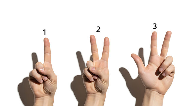 Human hands showing one two and three fingers counting