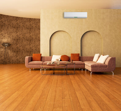 large luxury modern bright interiors room with air conditioning mockup illustration 3D rendering Digitally Generated Color Image