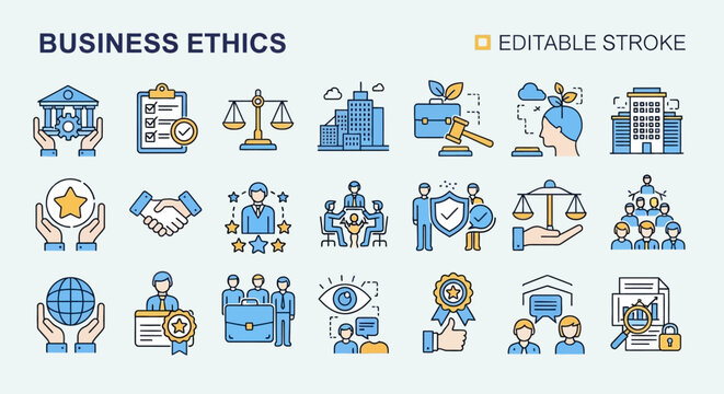 Collection of business ethics icons illustrating corporate responsibility and integrity in professional settings