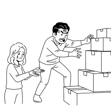 Frustrated Man Struggling to Move Stacked Boxes, Woman Offers Support