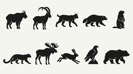 Fototapeta premium Flat silhouette icons of forest and mountain wildlife animals