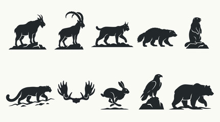 Naklejka premium Flat silhouette icons of forest and mountain wildlife animals