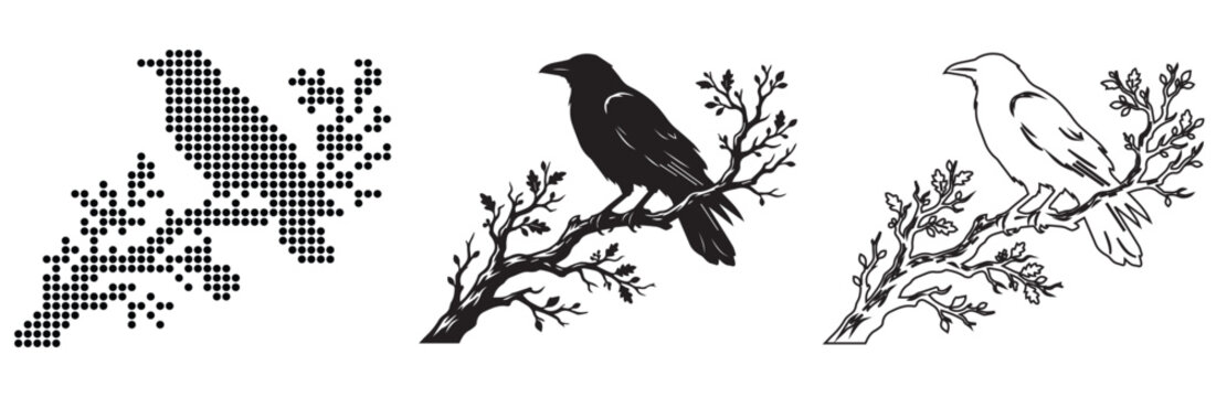 A solitary crow perches on a bare branch, depicted in three distinct artistic styles.
