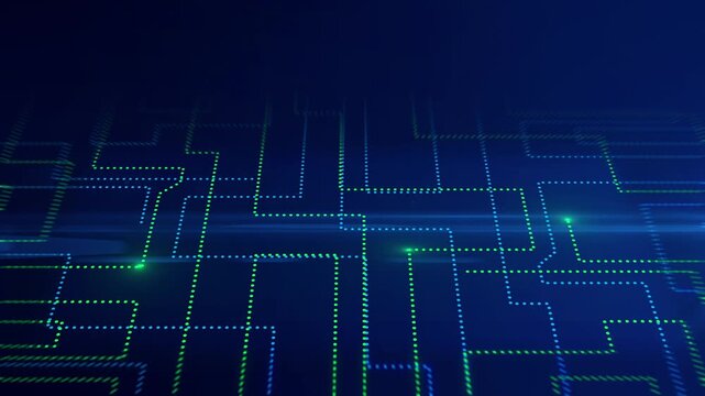 Digital Circuit Path Background with Blue and Green Glowing Line animation 4k.