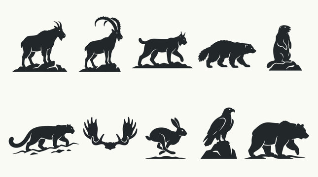 Flat silhouette icons of forest and mountain wildlife animals