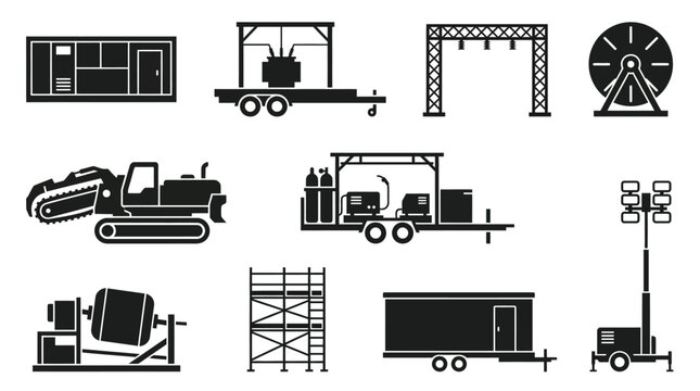 Flat silhouette icons of integrated industrial energy construction systems