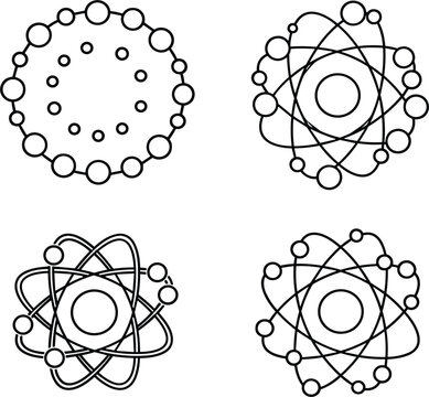 Abstract geometric vector design with atom-like circular shapes and dynamic orbits on a white background.