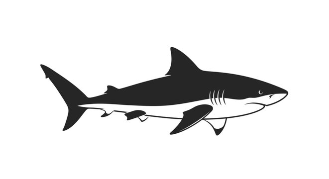 A black and white illustration of a shark swimming in a minimalist style against a clean white background.