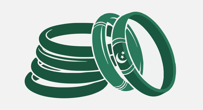 Collection of green bangles stacked in a pile on a white background
