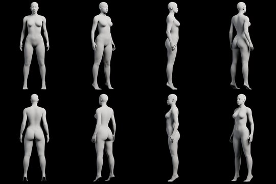 Female figure model in various poses on black background