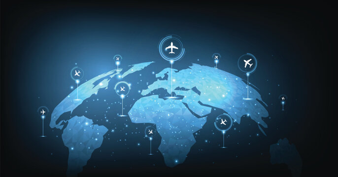 Airplane flies glowing world map with interconnected travel routes. Represents global air travel, aviation logistics, and international connectivity in a digital tech style.