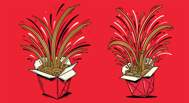 Noodles splashing out of a takeout container create a dynamic explosion of food on a vibrant red background.