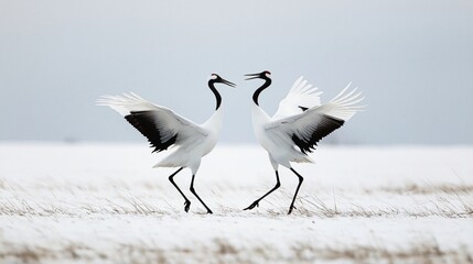 Obraz premium Close up of dancing Japanese cranes on a winter morning