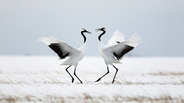 Close up of dancing Japanese cranes on a winter morning