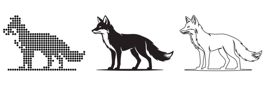 Three stylized foxes, from pixel art to silhouette and line drawing