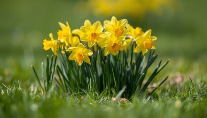 Obraz premium Yellow daffodils are growing in the grass on a sunny day