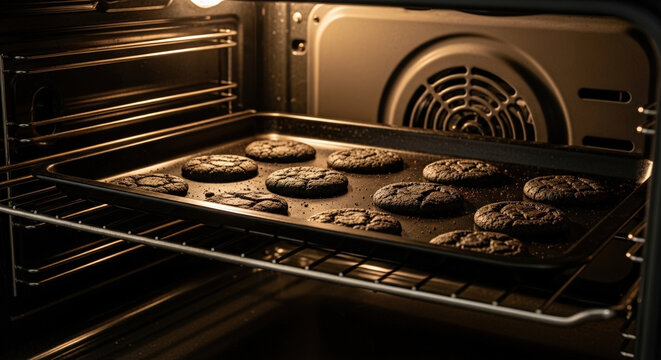 Burnt cookie sheet in oven with dark, overcooked cookies on black tray