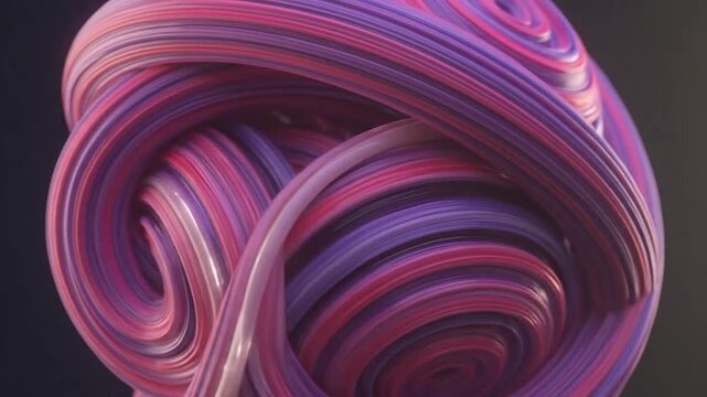 Abstract swirling colorful strands form a complex spherical shape on a dark background