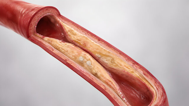 Artery cutaway, advanced atherosclerotic plaque, severe plausible luminal narrowing, fibrous plaque, subtle calcification, narrow residual flow channel, realistic vessel wall textures