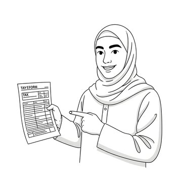 Young Muslim woman in hijab pointing at a tax form, concept of financial responsibility and paperwork
