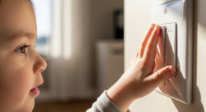 Child reaching for light switch in bright room to turn on light and explore the environment