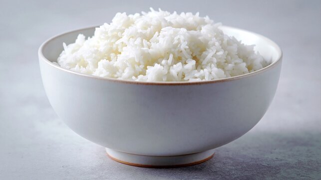 Bowl of white steamed rice against simple background