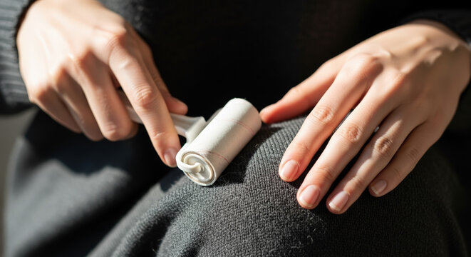 Hands using lint roller to remove lint from black clothing while sitting in well-lit space
