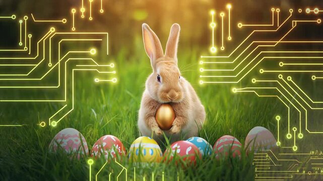 Bunny holding egg near colorful eggs in grass with circuit background