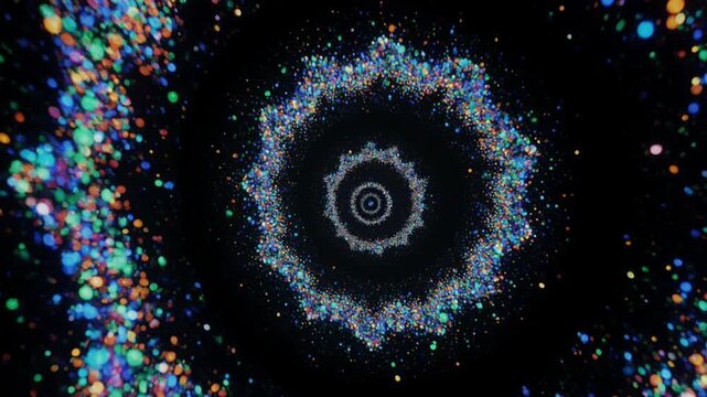 Colorful abstract spiral pattern with multicolored dots on black background