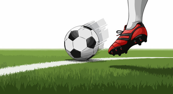 A soccer ball being kicked, showcasing action and sport. The kick displays dynamic motion with a striking foot and a soccer ball on a green pitch
