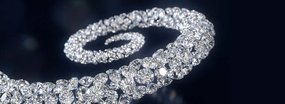 Abstract spiral shape formed by many sparkling diamonds against dark background. Luxury jewelry concept with brilliant refraction of light. Banner with copy space