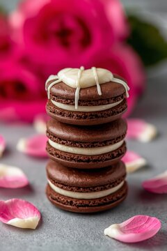 There is a stack of chocolate macarons with white icing and rose petals