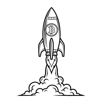 Monochrome rocket launch illustration with digital currency symbol, embodying financial growth, investment potential, and the soaring future of innovative digital assets