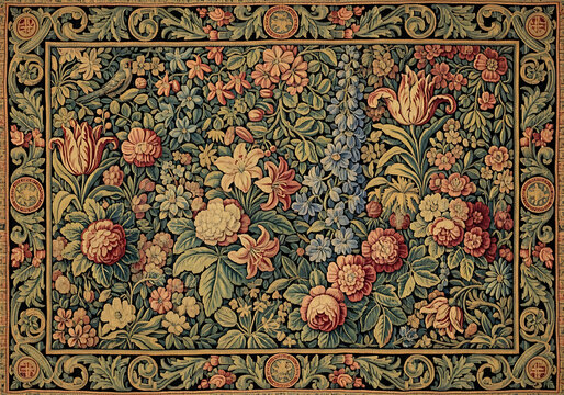 vintage floral tapestry with ornate baroque frame and rich botanical embroidery design