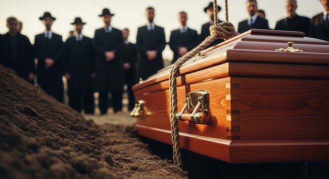 Funeral workers lowering wooden coffin into burial plot with grieving mourners