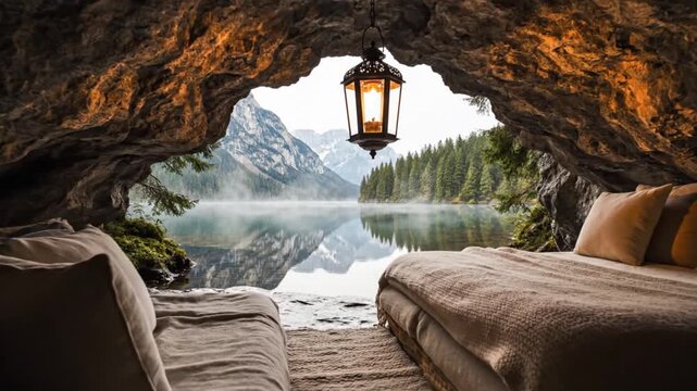 Cozy Luxury Glamping Retreat in a Scenic Cave Overlooking a Misty Alpine Lake and Mountains