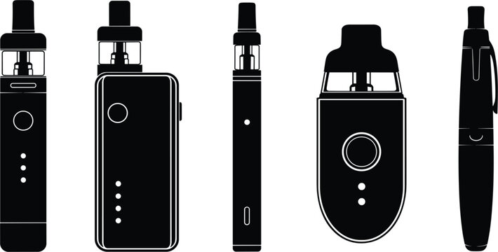 Vape Device Icon Set in Black Styles for E-Cigarettes, Vaping, and Smoking Alternatives in Digital Media.