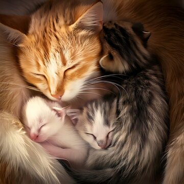 Cozy feline family naps in a warm embrace