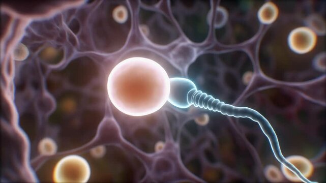Sperm cell approaching egg in microscopic view