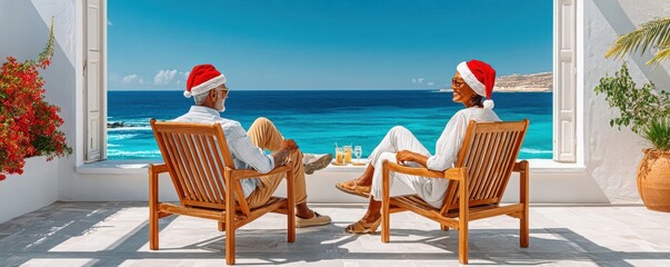 Obraz premium Couple wearing Santa hats relaxing on terrace chairs overlooking turquoise ocean during sunny seaside holiday