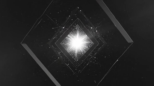 A faceted geometric shape with sharp edges floats in a dark void