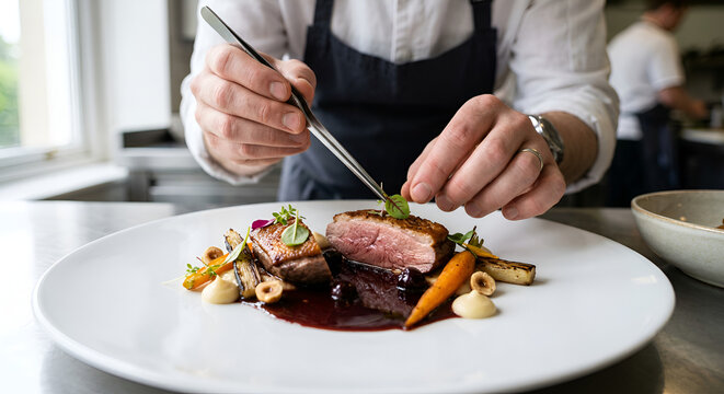 Gourmet chef preparing a perfectly cooked steak with vegetables and elegant plating in a modern kitchen