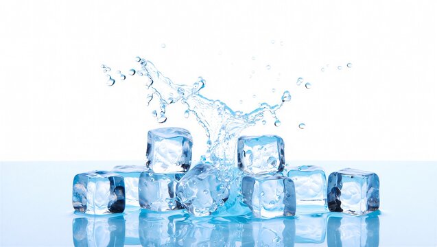 Clear ice cubes stacked on reflective surface with water splash isolated on white background for drink.