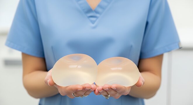 Surgeon holding breast implants in hands