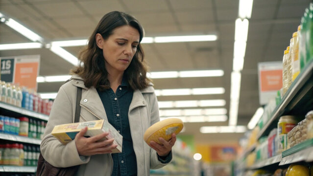 Woman supermarket grocery shopping food aisle adult cheese comparison label reading Woman comparing packaged cheese while grocery shopping
