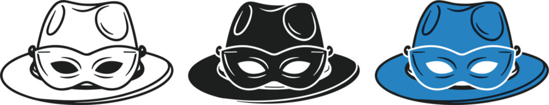 Mask and Hat Icon Set in Black, White, and Blue for Costume, Roleplay, and Entertainment Design in Digital Media.