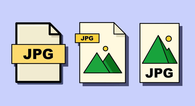 Digital vector illustrations showcasing a collection of stylized JPG image file format icons, perfect for representing graphic documents, photo storage, and web content 